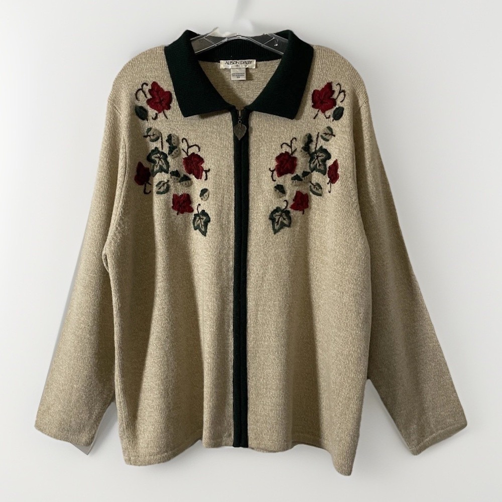 Allison Daley Full Zip Embroidered Fall Leaves Long Sleeve Cardigan Women's 2X